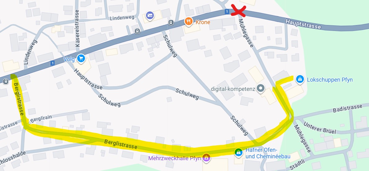 Zufahrt Mühlegasse über Berglistrasse