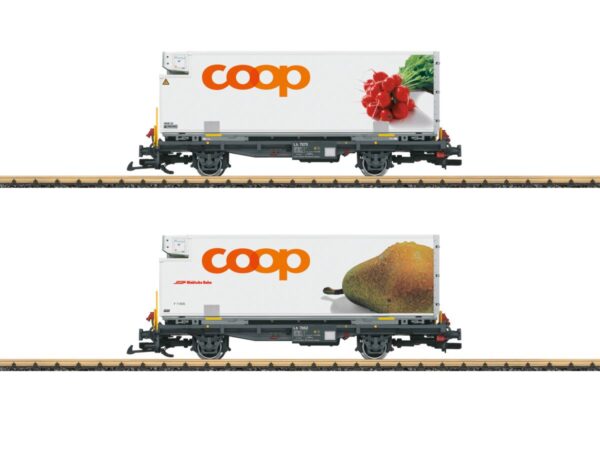 LGB 45889 RhB Containerwagen Set “coop Radieschen / Birne“